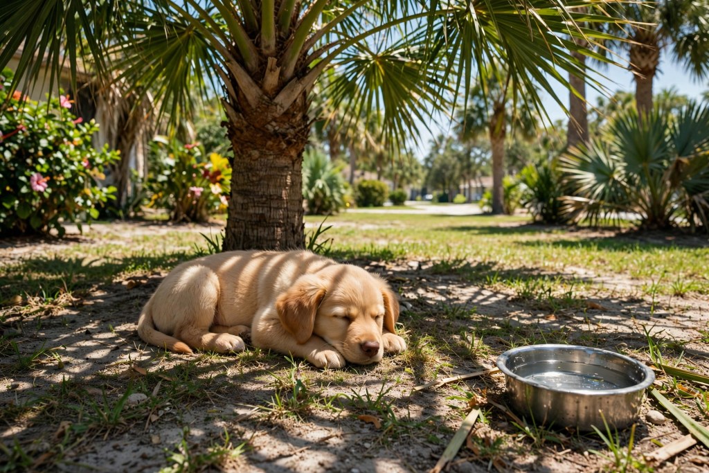 A puppy resting in the shade of a palm tree on a hot sunny day