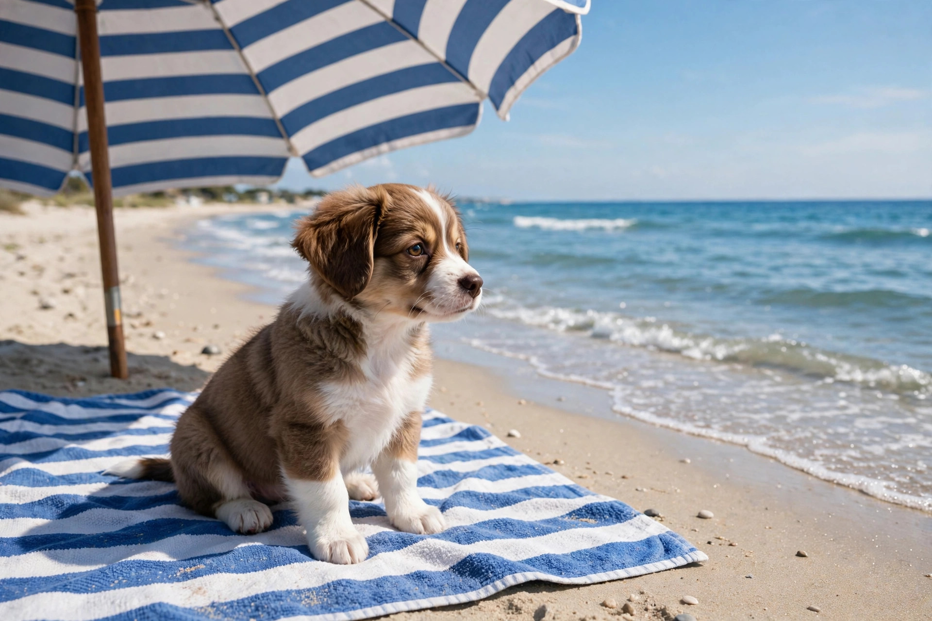 A puppy sitting on a beach towel under an umbrella watching the waves