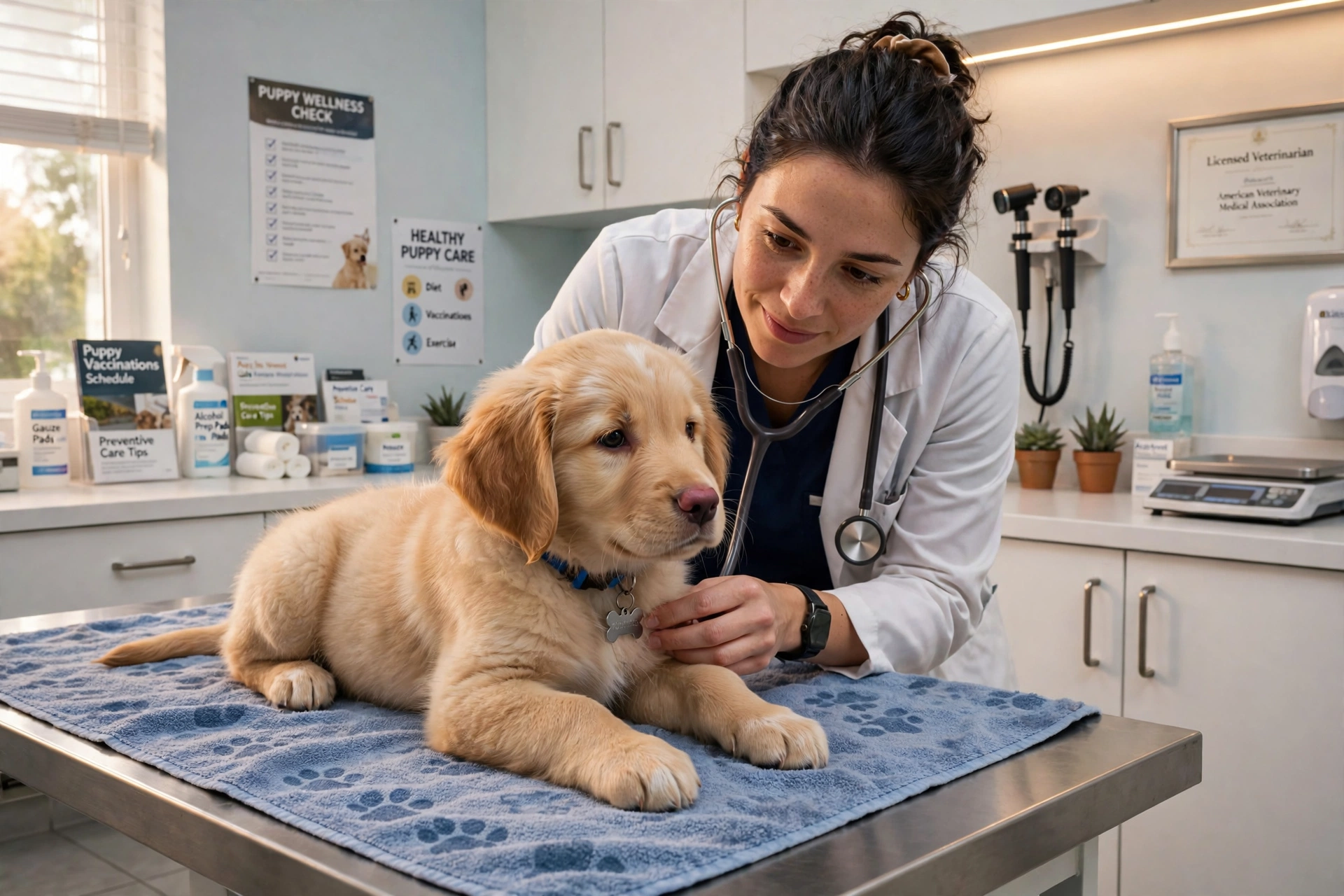 A puppy being gently examined by a veterinarian at a clinic