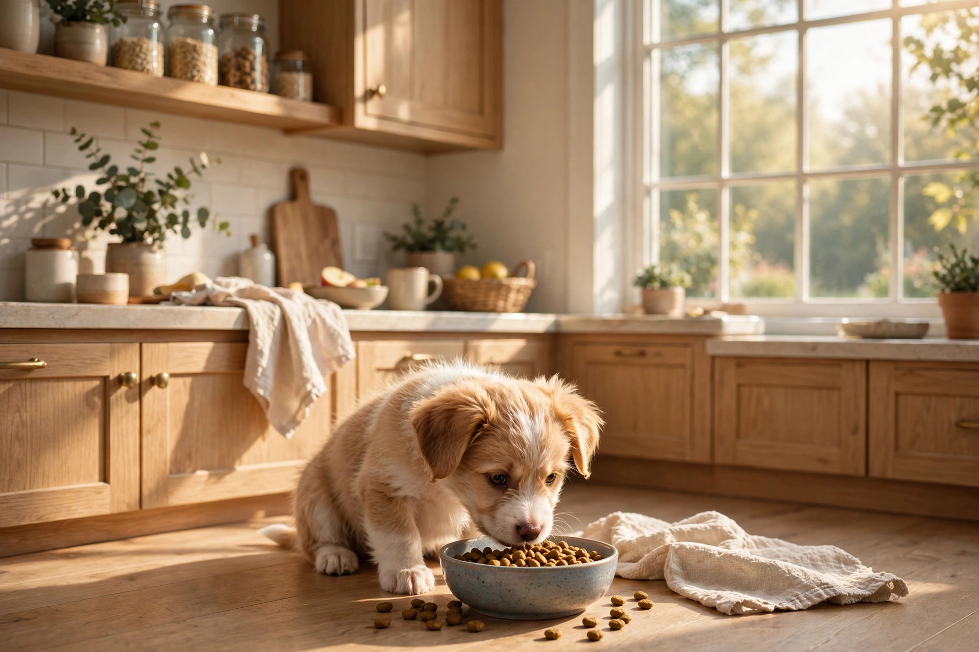 A puppy eating breakfast from a bowl in a bright kitchen in the morning