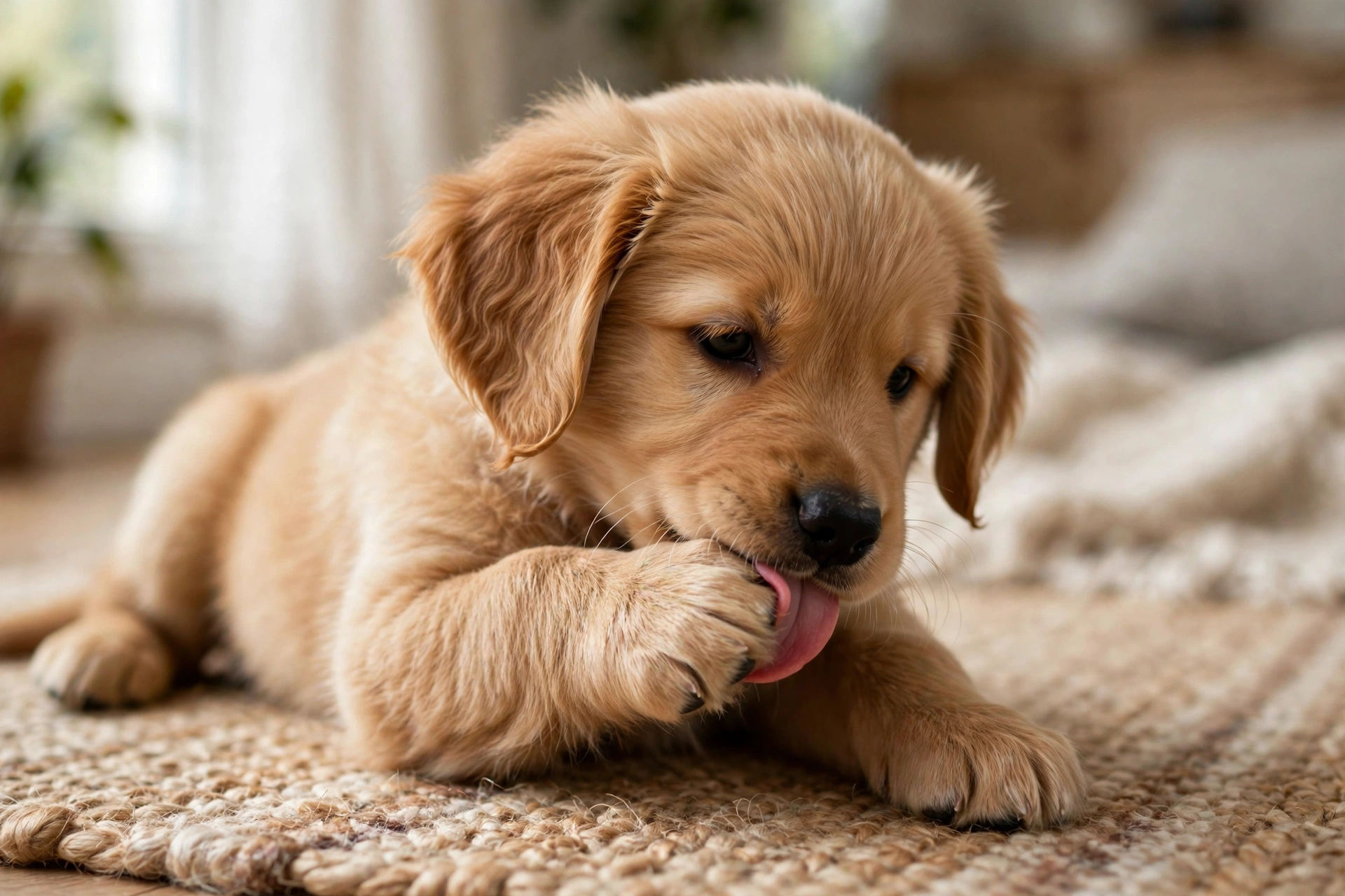 A puppy licking its front paw while lying on a rug at home
