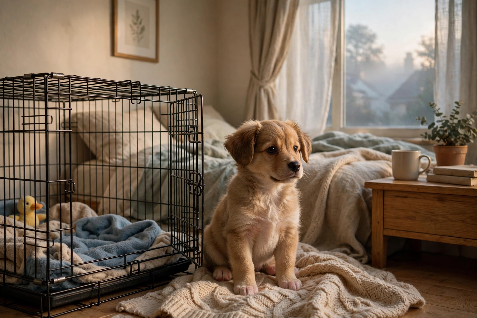 A puppy sitting awake beside its crate at dawn in soft morning light