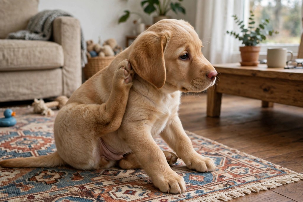 A puppy scratching its ear with a hind paw at home
